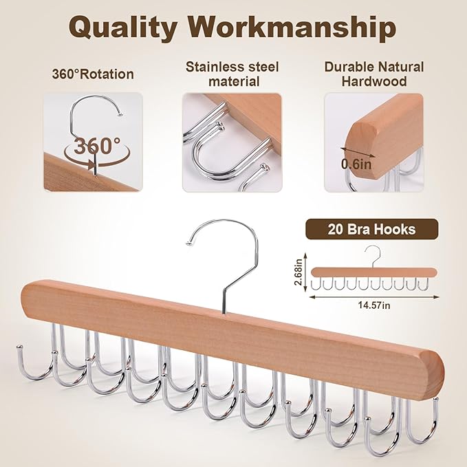 2 Pack Tank Top Hanger, 40 Hooks Large Capacity Bra Hanger, Bra Hangers for Closet Organizer & Storage, Tank Top Hangers Space Saving, Standard Hangers for Sports Bras, Tank Top (Wood, 2 Pack)
