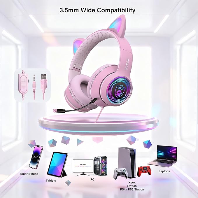 Cat Ear Gaming Headphones Wired AUX 3.5mm with LED Light, VIGROS Flashing Stereo Game Headphones Surround Sound Over-Ear Headsets with Microphone Fit Kids & Adult for PC, PS4, Switch, Mobile, Laptop