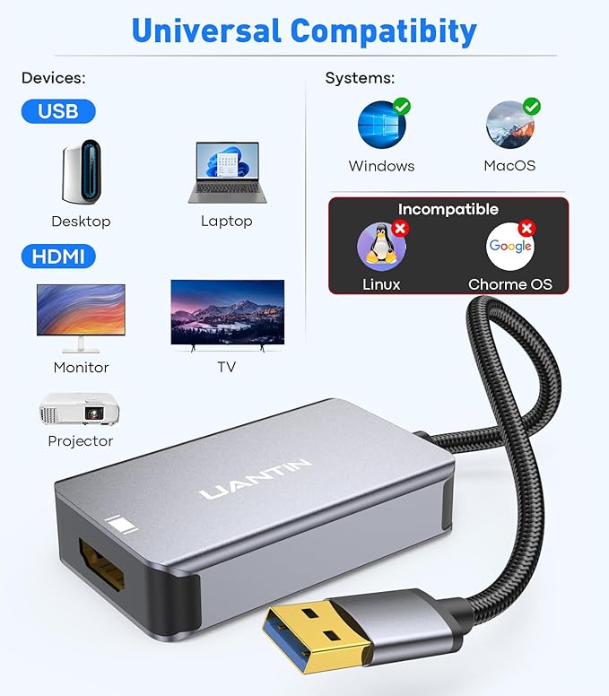 USB to HDMI Adapter 1080p@60Hz (Aluminum & Braided Nylon Cable) USB-A 3.0 Male to HDMI Female Converter for Windows 7/8/10/11 and MacOS for Multiple Monitor- Driver Required Only One