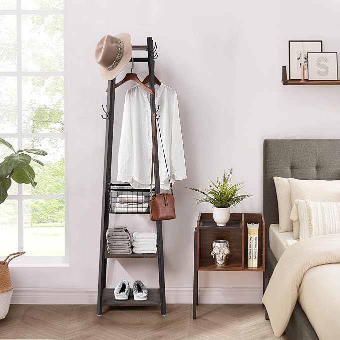 VECELO Coat Rack Freestanding,Hall Tree with Metal Basket and Storage Shelves,Industrial Coat Rack Stand with 8 Hooks for Hanging Coats/Hats/Bags/Umbrellas,18 x 18 x 72 In,Walnut Brown