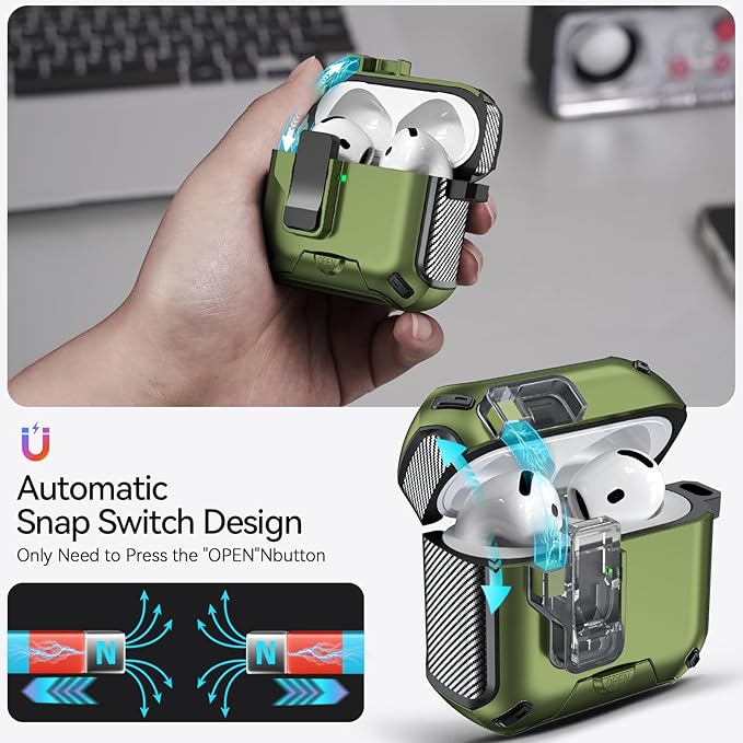for AirPods 4 Case (2024) with Phone Stand,（with Automatic Snap Switch） Carbon Fiber Design Protection Cover with Cleaning Pen,Dark Green