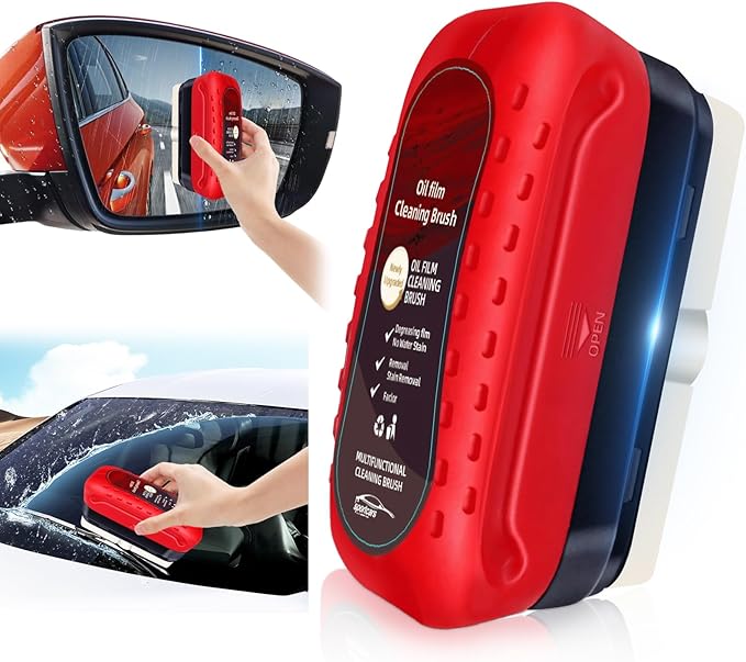 Automotive Oil Film Cleaning Brush with Reusable Foam Sprayer, Upgraded Antifog Glass Cleaning Board, Glass Oil Film Remover for Car Windows & Windshields, Versatile Car Glass Cleaner Brush (Red)