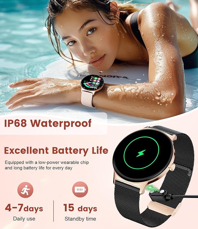Smart Watches for Women, 1.43" AMOLED Screen Bluetooth Call Smartwatch, 120+ Sports Modes Fitness Tracker, Blood Oxygen Heart Rate Sleep Monitor for Android iOS Black Gold 2026