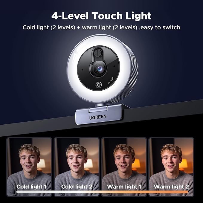 2K Webcam with 4-Level Ring Light and Noise Canceling Microphone for Video Calls Streaming and Remote Work