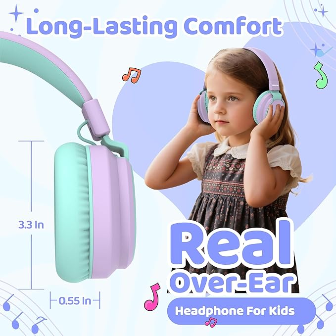 MIDOLA Kids Headphones Wireless Bluetooth 5.4 68H Play Time Volume Limit 85/94dB Over-Ear Foldable Headset,Type-C Fast Charging,with Wired Aux Mic for Toddler Boy Girl Pad Tablet Light Purple