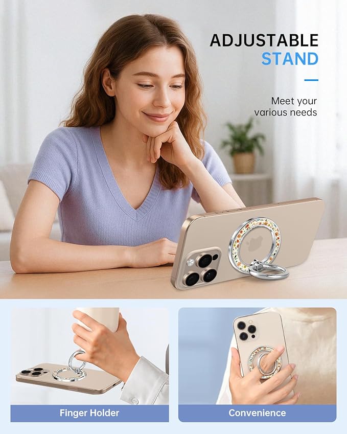 Magnetic Phone Ring Holder Compatible with MagSafe - Cell Phone Grip Magnet Removable Finger Ring Grip Stand Cute Kawaii Design for iPhone 17 Pro Max 16 15 14 13 12 Series Color Little Floral