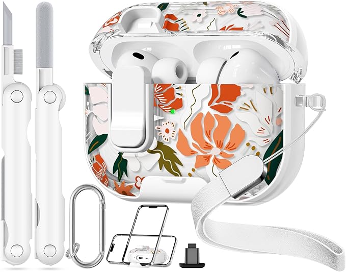 with Safety Lock for AirPods Pro 3 Case 2025,Clear Floral Cute Airpods Pro 3rd Generation Case with Phone Stand & Cleaner Kit for Apple AirPods Pro 3 for Women Girly-Orange Flower