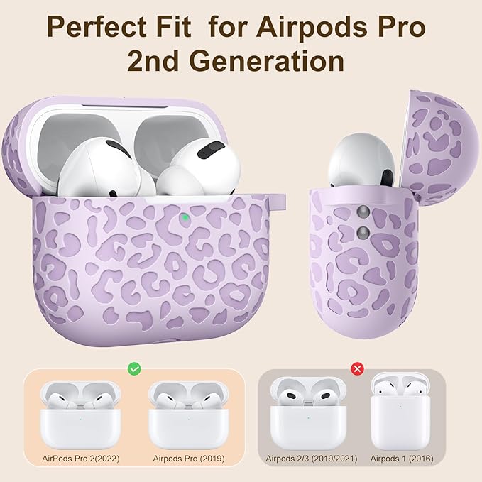 Fashion Engraving Leopard Case Compatible with Airpods Pro Case Cover 2022, Soft Silicone for Airpods Pro Case, Front LED Visible, Lavender