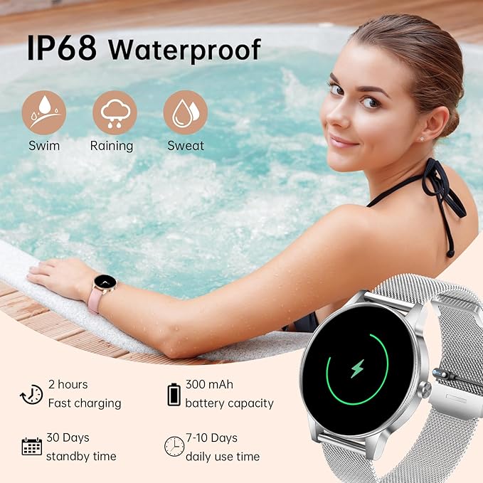 Smart Watch for Women(Answer/Make Calls), 1.27" HD Screen Fitness Tracker with Heart Rate/Sleep Monitor, 130+ Sport Modes IP68 Waterproof Activity Tracking, Smartwatch for Android iPhone, Silver