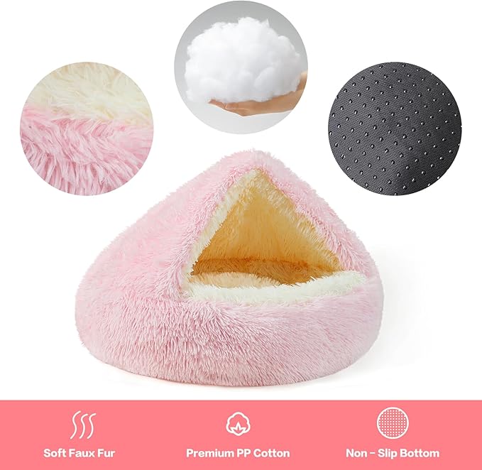 NOYAL Round Hooded Donut Dog Bed for Small & Medium Pets - Plush Fluffy Anti-Anxiety Cat Cave Bed with Cover