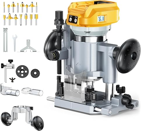 MtiolHig Cordless Compact Router Compatible with DeWalt 20V Battery(Tool Only), Fixed & Plunge Base,Double-Handle Router Fixed Base for woodworking, slotting, trimming, and DIY projects