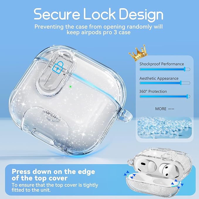 Clear Case for AirPods Pro 3 Case Cover with Safety Lock,Soft TPU Cover with Phone Stand & Cleaning Kit,Cute Bling Keychain for Women Girls-Glitter White