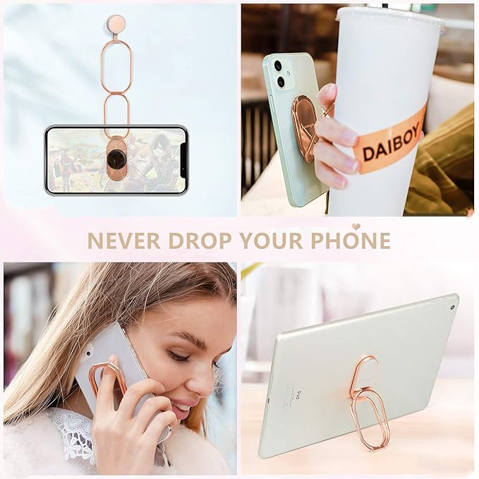 Phone Ring Holder Finger Kickstand 360°Rotation Cellphone Back Grip Foldable Cell Phone Stand for Desk Compatible with iPhone iPad Smartphones Tablets (Rose Gold)