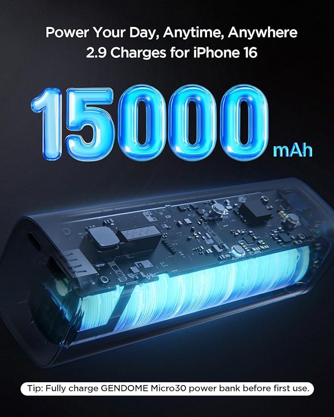 GENDOME Portable Charger LiFePO4 Battery, QC3.0 & PD3.0 22.5W Fast Charging, 15000mAh Portable Power Bank Built in USB C Cable, Travel Essential Backup Battery with USB-C in/Output