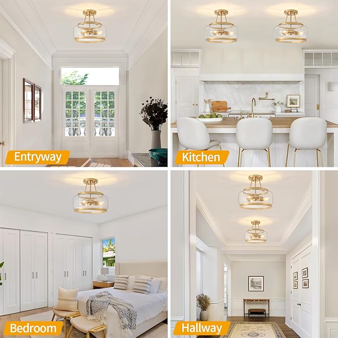 11.81" Brushed Gold Semi Flush Mount Ceiling Light, Modern Glass Drum Light Fixtures, 3-Light Golden Ceiling Lights for Hallway Entryway Bedroom Laundry Room Kitchen Dining Room Lighting, UL-Listed