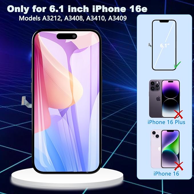 for iPhone 16e Screen Replacement 6.1 Inch, Diykitpl 3D Touch LCD Digitizer Screen for A3212, A3408, A3410, A3409 with Repair Tools Kit+Screen Protector+Waterproof Frame