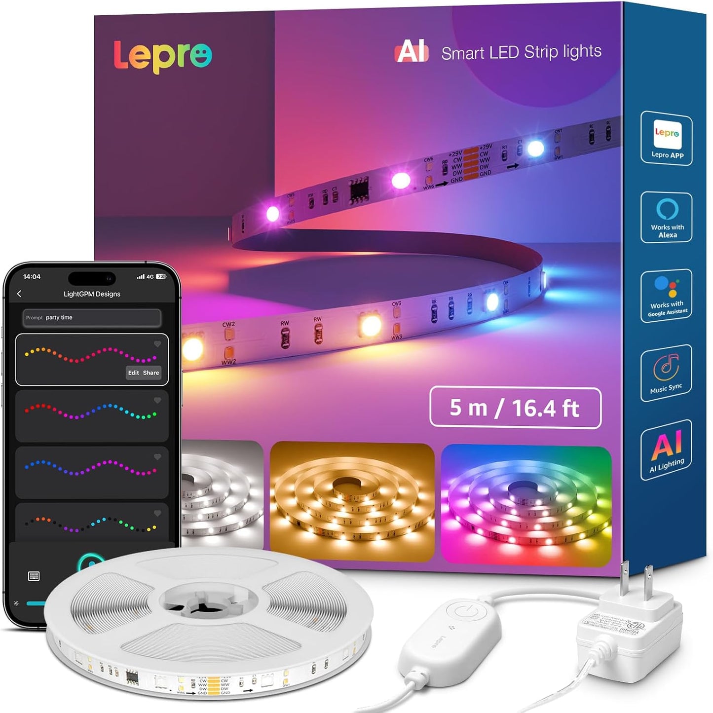 AI Smart LED Strip Lights 16.4ft RGBCW WiFi and Bluetooth App Control Color Segment DIY Personalized Lighting