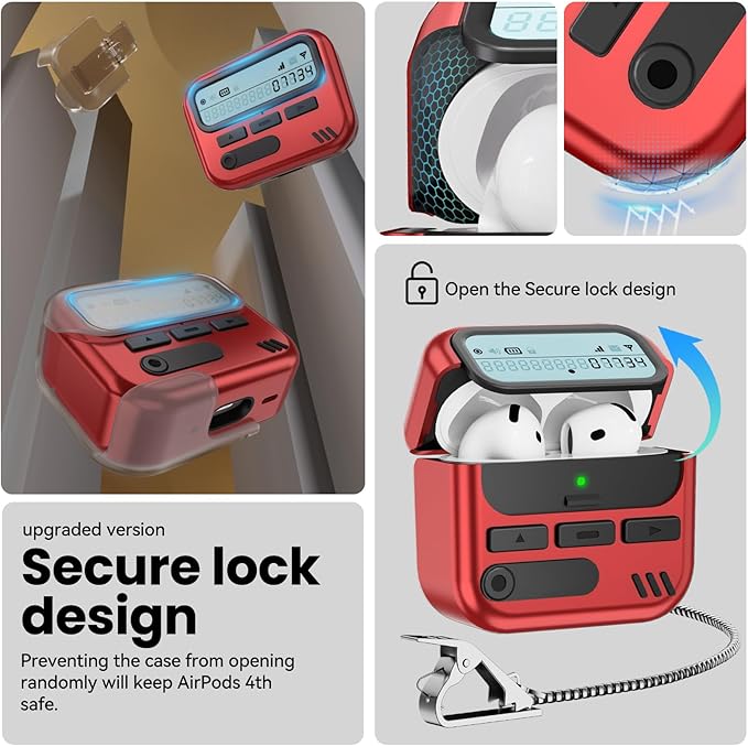 (with Safety Lock) Pager Cases for AirPods 4 Case Cover 2024 with Cleaner Kit,Sturdy Hard PC Protective for Apple AirPods 4th Generation Case for Men Women,AirPods 4 Accessories with Keychain-Red