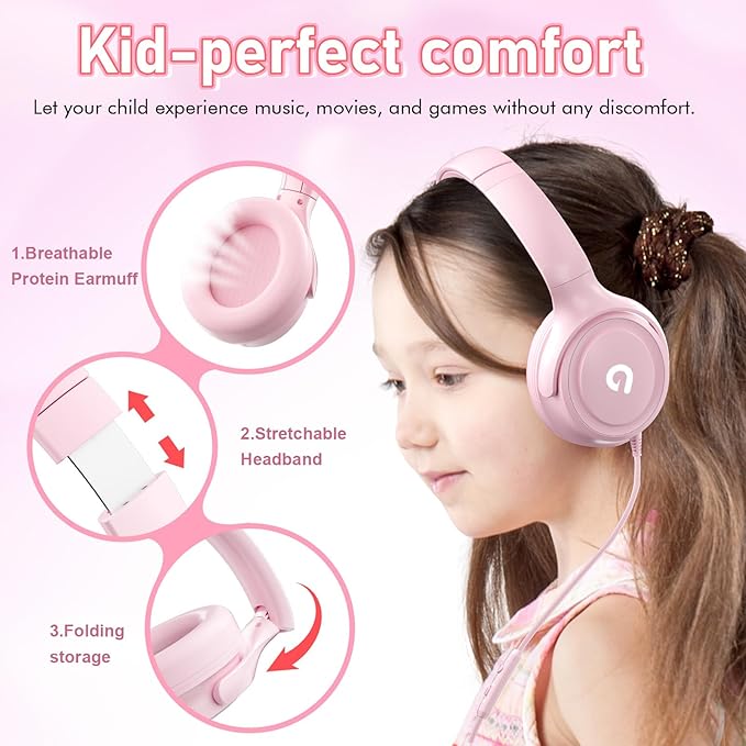 Kids Headphones with Cord-3.5mm Jack 85/94dB Safe Volume Control Built-in Microphone On-Ear Headphones for Kids/Teens/Girls/School/Travel/3.5mm Devices(Pink)