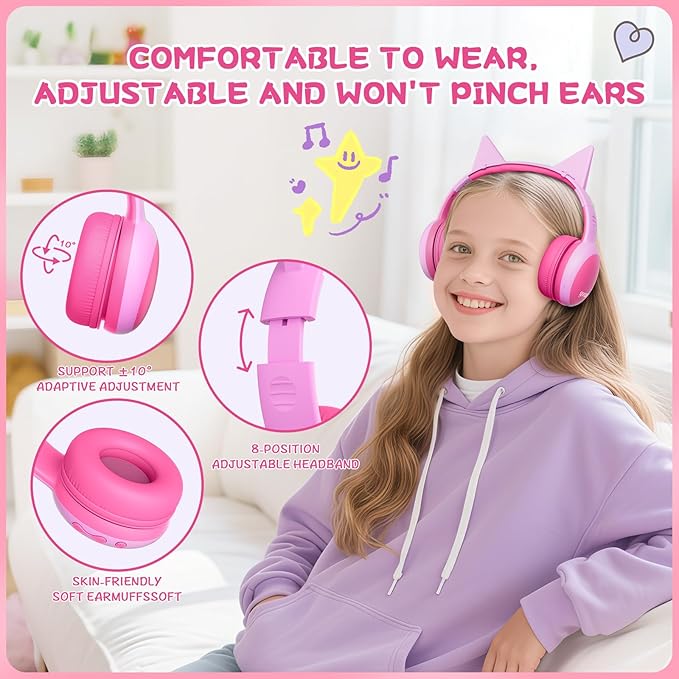 gorsun Kids Bluetooth Headphones, Over-Ear Toddler Headphones with Microphone, 85dB/94dB Volume Limited, 68H Playtime, Bluetooth 6.0, Portable Kids Wireless Headset with Cat Ears (Pink)