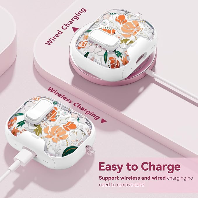 with Safety Lock for AirPods Pro 2nd 1st Generation Case Cover,Clear Floral Cute AirPods Pro 2 Case with Phone Stand & Cleaning Kit for AirPod Pro Case for Women Girly-Orange Flower