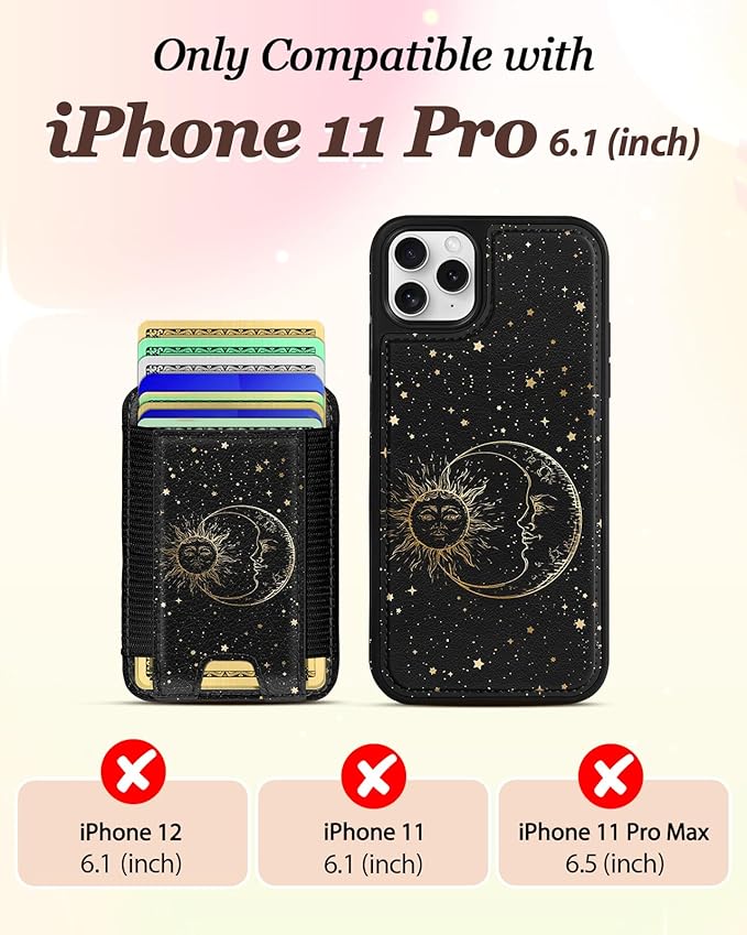 Shorogyt for iPhone 11 Pro Case Wallet - Fits 5 Cards, Compatible with Magsafe Detachable Magnetic Credit Card Holder Leather Cardholder Cute Phone Cover Women Girls for Apple 11Pro, Sun Moon