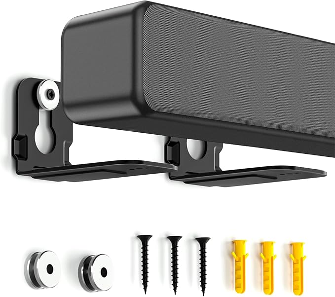 notiela Universal Soundbar Wall Mount Bracket for Soundbars Up to 4" Deep, Heavy Duty Metal Sound Bar Shelf Under TV Holds Up to 20 lbs Easy to Install
