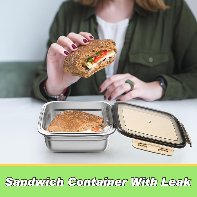 4 Pack Stainless Steel Sandwich Containers with Lids 25.4 oz Metal Food Container for Lunch Boxes with Airtight Silicone Seal for Sandwiches and Snacks(Black)