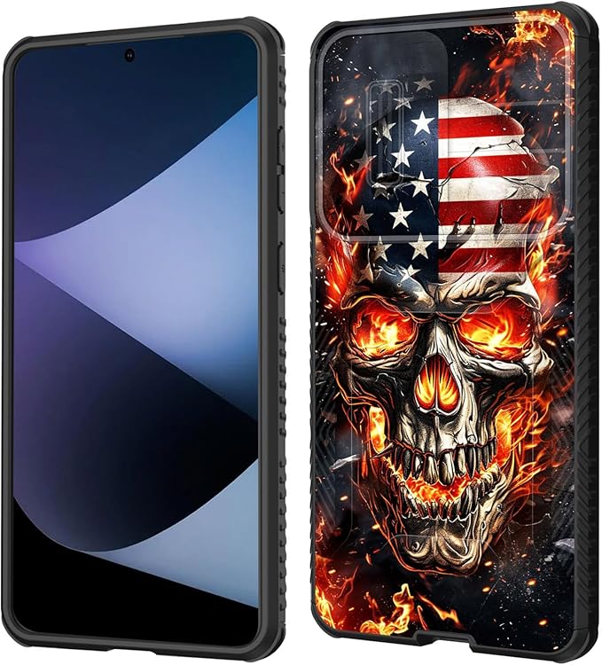 for Galaxy S25 Edge Case Built in Slide Camera Lens Cover,Heavy Duty Shockproof Protection Dual Layer Case for Samsung Galaxy S25 Edge 2025,American Flag Flame Skull
