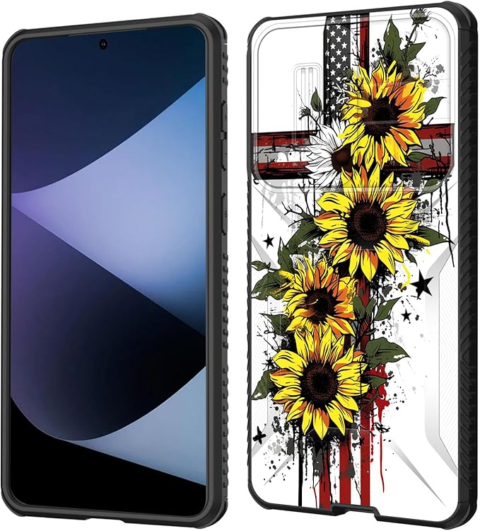 for Galaxy S25 Edge Case Built in Slide Camera Lens Cover,Heavy Duty Shockproof Protection Dual Layer Case for Samsung Galaxy S25 Edge 2025,Cross American Flag Sunflower
