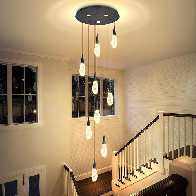 H98 Modern Chandelier for Stairway 9-Lights Crystal Raindrop Chandelier Black Pendant Light for Staircase Living Room Entryway LED Dimmable High Ceiling Chandeliers with Remote
