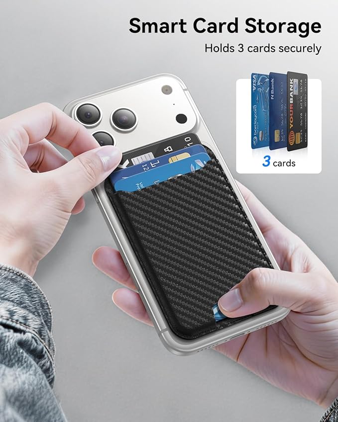for MagSafe Wallet, 3 Cards Holder, Slim Magnetic Phone Wallet for iPhone 17/16/15/14/13/12 Pro Max Plus Air Series,RFID Blocking Vegan Leather,Carbon Fiber