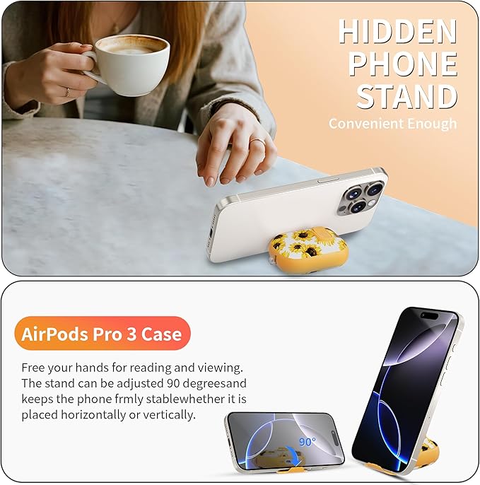 for AirPods Pro 3 Case(2025) with Secure Lock Clip and Phone Stand,Floral Girly Style Protective Cover with Cleaning Kit and Hand Strap for Apple AirPod Pro 3 Generation (Yellow Sunflower)
