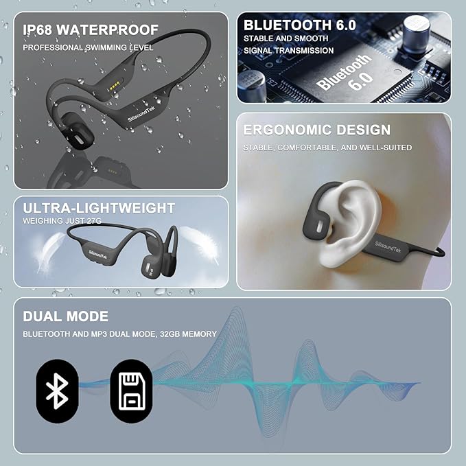 6.0 Upgraded Bone Conduction Headphones,IP68 Waterproof Swimming Headphones, Liquid Silicone Wireless Open Ear Headphones, Built-in 32GB MP3 Player Underwater Headphone for Running, Cycling (Grey)