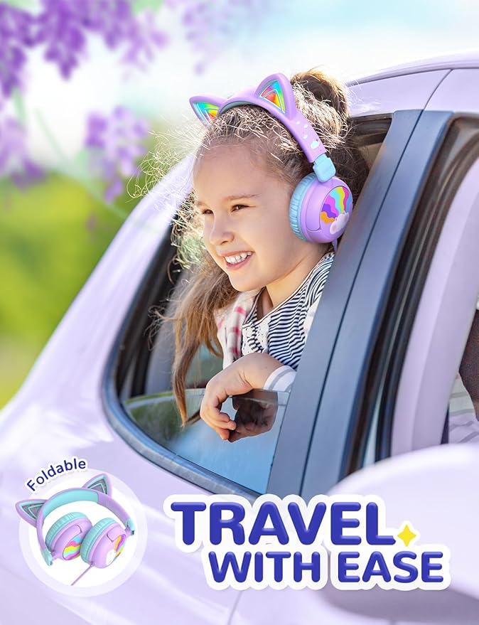 iClever Kids Headphones Cat Ear, LED Light Up, 85dBA Safe Volume, Stereo Sound Toddler Headphones for Travel School, Foldable 3.5mm Wired Kids Headphone for iPad Tablets, Meow Lollipop-Purple