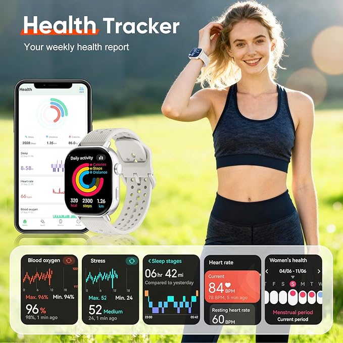 Smart Watch with 2 Bands: Step & Calorie Counter, Heart Rate & Oxygen Sensor, GPS Running, Swimming, Walking, Sports Tracker, Waterproof, Health Monitoring, Music & Call Alert Men Women iOS/Android