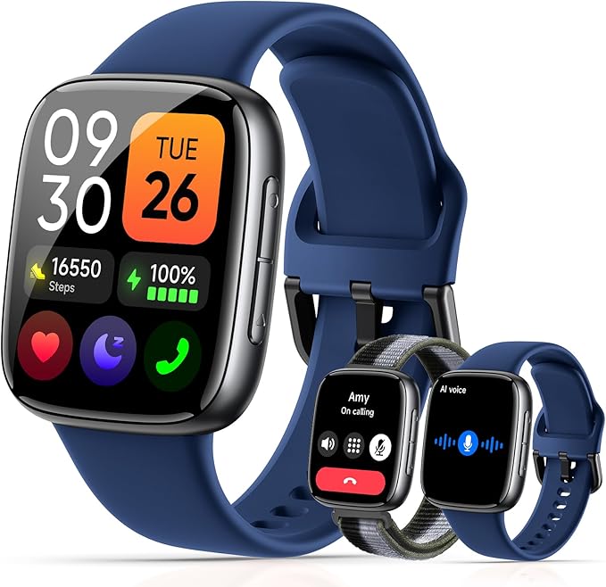 Smart Watches for Men Women, 1.85" HD AMOLED Display, 2 Bands Included, Works with iPhone & Android, 12-Day Battery, 3ATM Waterproof, Bluetooth Call, Health & Fitness Tracker, Dark-Blue
