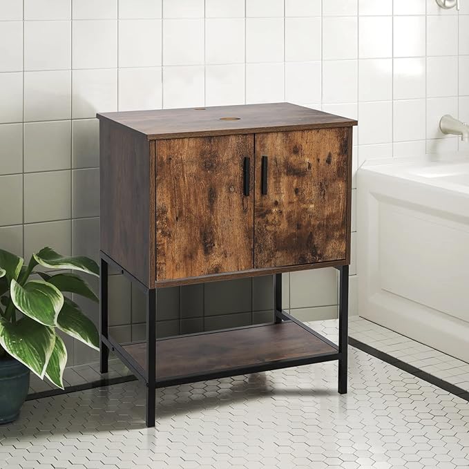 eclife 24" Bathroom Vanity Sink Combo Modern Metal Stand Cabinet W/Bottom Shelf, Rustic Brown (Without Sink)