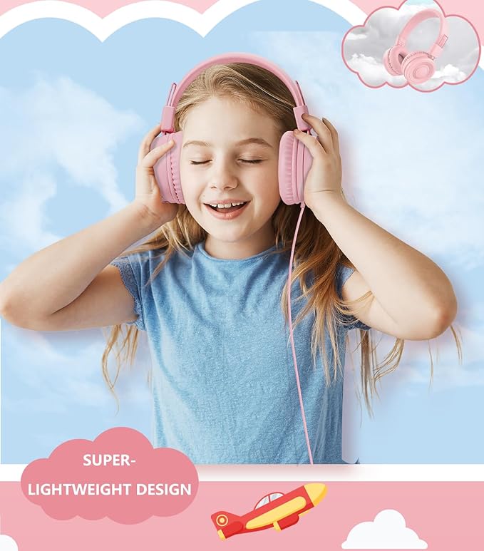 Upgrade USB Type C Kids Headphone for School, 94dB Safe Volume Limited, HD Stereo Sound, Foldable Lightweight On-Ear Headphones for Boys/Girls/Students/Tablet/Travel(Light Pink)