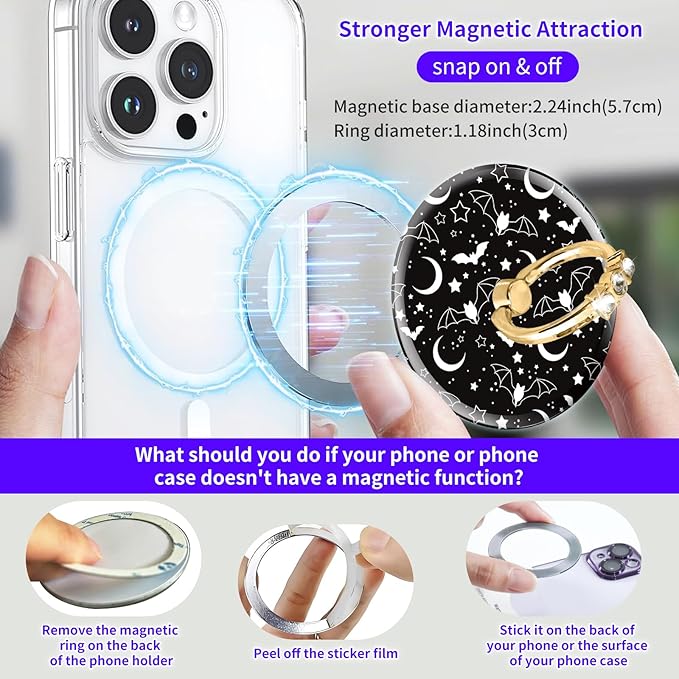Magnetic Phone Ring Holder Compatible with MagSafe, Cute Phone Grip Stand with 360° Rotation Gold Glitter Finger Ring Kickstand Accessories for Most Phones Cute Black White Bats
