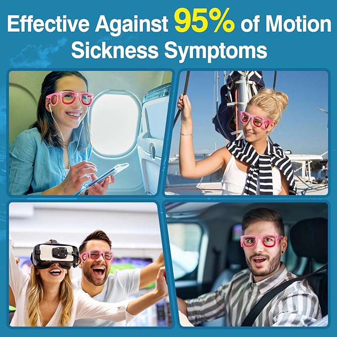 Hion 2 Pairs Adult Anti- Motion Sickness Smart Glasses, Ultra-Light Portable Nausea Relief Liquid Glasses, Carsickness Airsickness Seasickness Glasses, Kids Travel/Cruise Essentials（Pink+Black