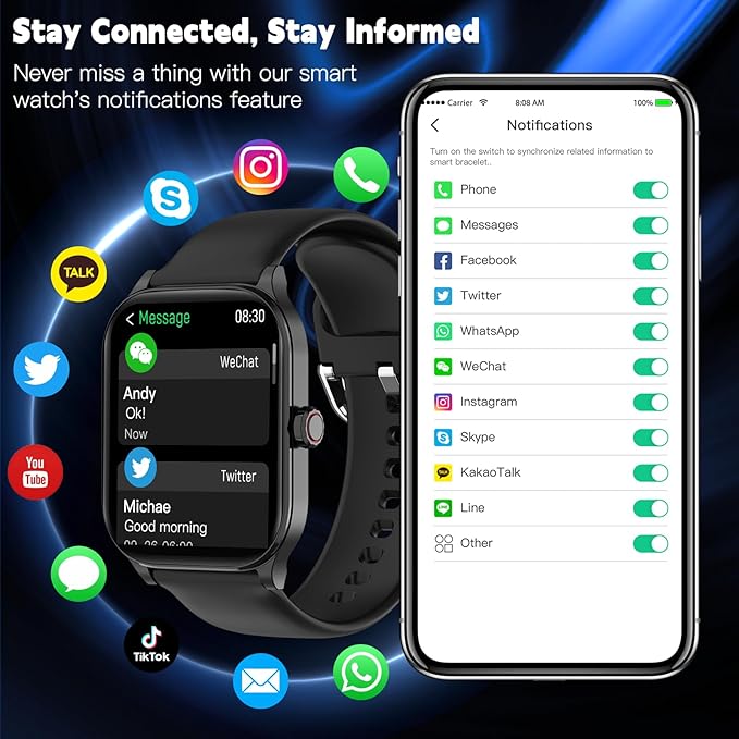 Smart Watch for Women Men(Answer/Make Call), Smartwatches with Heart Rate/SpO2/Sleep/Stress Monitor, IP68 Waterproof Activity Tracker for Android iPhone, 100+ Sports Fitness Watches (Black, 1.85")