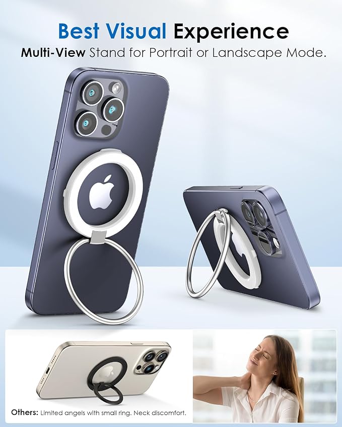 Upgraded MagSafe Phone Ring Holder - Magnetic Grip Stand & Finger Kickstand, Dual-Sided Magnetic Design, Compatible with iPhone 16 Pro Max/15/14/13/12 and MagSafe Accessories