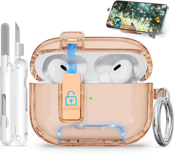 for AirPods Pro 2 Case with Phone Stand & Secure Lock, Auto-Open Clear Cover Compatible with Apple AirPods Pro 2nd/1st Gen (2023,2022,2019) with Cleaning Kit & Keychain (Khaki)