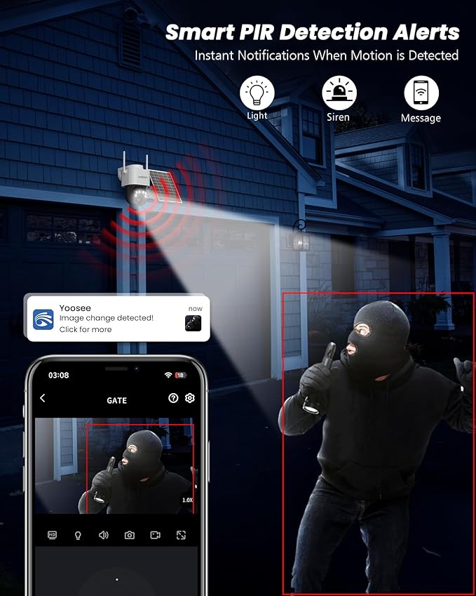 4G LTE Cellular Solar Security Cameras Wireless Outdoor, No WiFi Security Camera, 360° Live View, 2K Color Night Vision, PIR Detection, 2-Way Audio, Motion Alert, IP66, Built in SIM