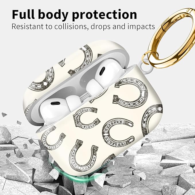 Compatible with Airpod pro 2nd/1st Generation Case Cover with Gold Round Keychain Cute Pattern Hard & Anti Slip Cover for Men Women & Girls（Horseshoe Print）