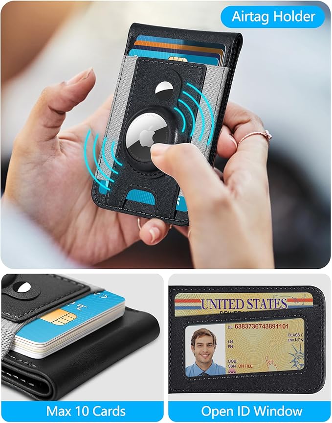 ExtreLife for Magsafe Wallet with Airtag Holder, Magnetic Wallet for iPhone 17/16/15/14/13/12 Series, 9-Card Holder, Open ID Window, Adjustable Stand, RFID Blocking, Black