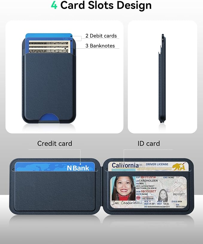 for MagSafe Wallet with Stand, 5 Card Holder, Slim Leather Magnetic Wallet for iPhone 17/16/15/14/13/12 Pro Max Plus Air Series, 3 Card Slots & 1 Cash Slot,Blue