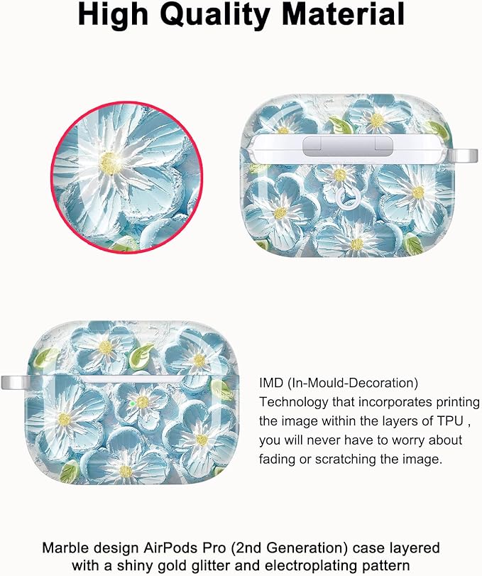 JIAXIUFEN Compatible with AirPods Pro 2 Gen/1 Gen Case Cover Retro Oil Painting Printed Flower Protective TPU Skin Accessories for Women Girl Mint Blue