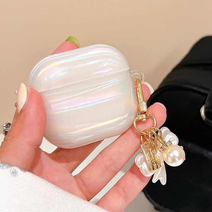 for Airpod 4 Case Cute Luxury Glitter Pearl Shell Protective Cover with Bowknot Keychain Compatible with AirPods 4th Generation Case 2024 for Girls Women (Bow Colorful)